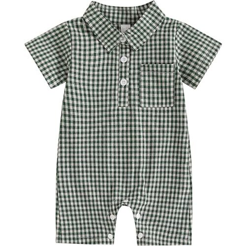 Karuedoo Newborn Baby Boy Clothes Gingham Polo Short Sleeve Romper Jumpsuit Plaid Button Down Collared Bodysuit Summer Outfit