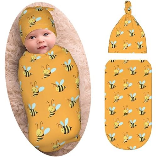 Cute Bee Baby Stuff Newborn Swaddle Blanket with Beanie Set, Soft and Stretchy Baby Blanket Swaddle Sack for Boy and Girl