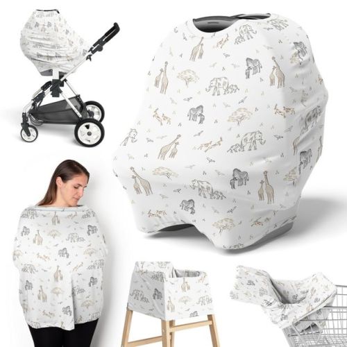 Sweet Jojo Designs Boy, Girl, Unisex/Gender Neutral 5-in-1 Multi Use Baby Nursing Cover Serengeti Animals Taupe Grey and White