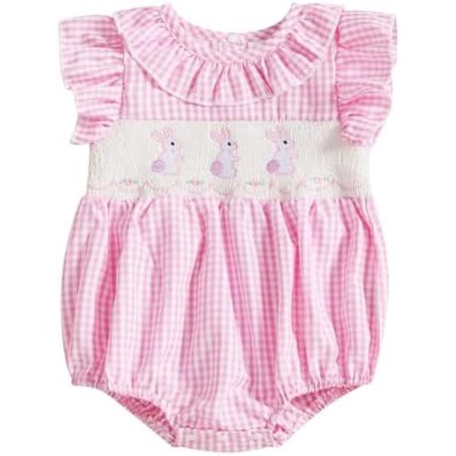 Newborn Baby Girl Easter Outfit Bunny Bubble Romper Embroidery Cute Smocked Baby Girl Clothes