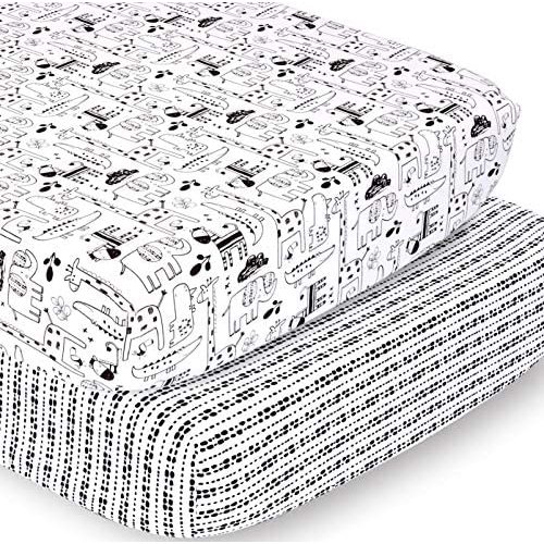 The Peanutshell Fitted Crib Sheet Set for Baby Boys or Girls | Zoo Animals and Tribal Stripes | 2 Pack Set