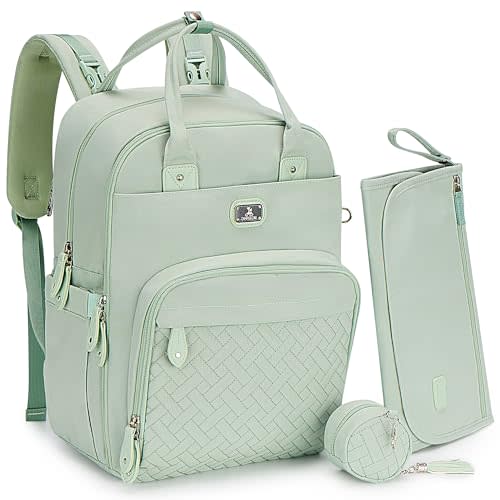 Dikaslon Diaper Bag Backpack with Changing Pad, Pacifier Case and Stroller Straps, Large Unisex Baby Bags for Boys Girls (Mint Green)