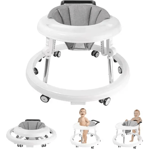 Baby Walker with Wheels, Activity Center with Mute Wheels Anti-Rollover, 5-Position Height Adjustable Foldable Baby Walker for Boys and Girls from 6-18 Months with Footrest