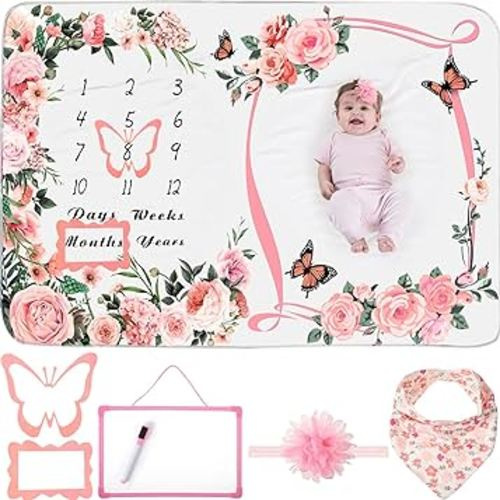 Chumia 6 Pcs Monthly Baby Milestone Blanket for Baby Girls Boys Set Baby Age Blanket Baby Month Blanket Newborn Growth Chart Blanket with Bandana Frame Headband Whiteboard for Background (Pink)