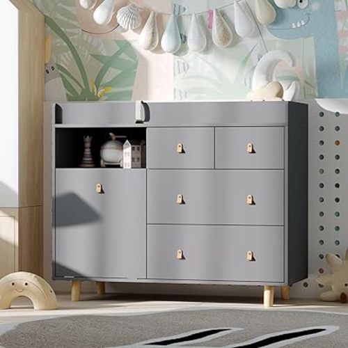 AIEGLE 5 Drawer Baby Dresser for Nursery, Kids Dresser with Changing Table Top, Tilt-Out Drawer & Open Shelf, 45" Grey Baby Changing Table with 4"H Raised Edge & Leather Handles for Kids Bedroom