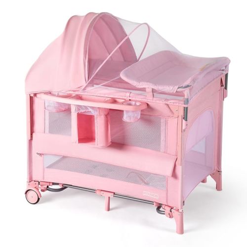 JOYMOR 9 in 1 Bedside Bassinet with Changing Table, Pack and Play with Bassinet, Convert to Rocking Baby Bed with Electric Music Center, Mosquito Net, Toy, Storage,Pink