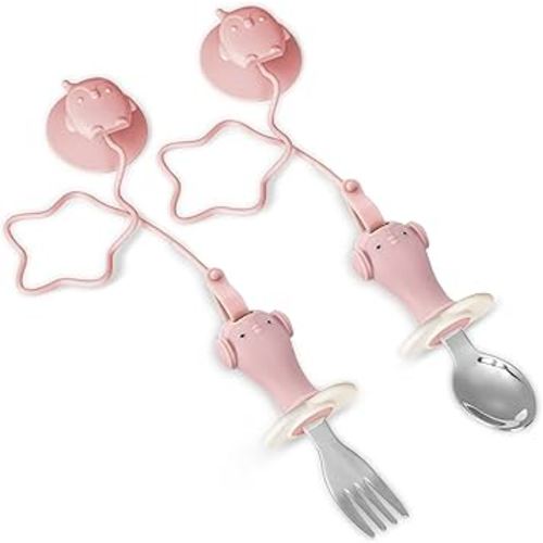 Toddler Utensils, Toddler Fork and Spoon Set Stainless Steel Toddler Silverware Set with Suction and Anti-Dropping Chain, Baby Utensils with Case On-The-Go 2 Pcs Pink