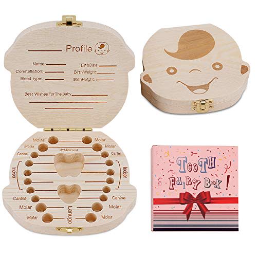Baby Tooth Box by NASHRIO - Wooden Kids Keepsake Organizer Gift for Baby Teeth, Cute Children Tooth Container with Tweezers to Keep the Childwood Memory (Boy)