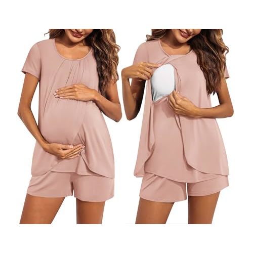 Ekouaer Women's Maternity Nursing Pajamas Set Breastfeeding Sleepwear Double Layer Short Sleeve Top & Shorts Nursing Pjs
