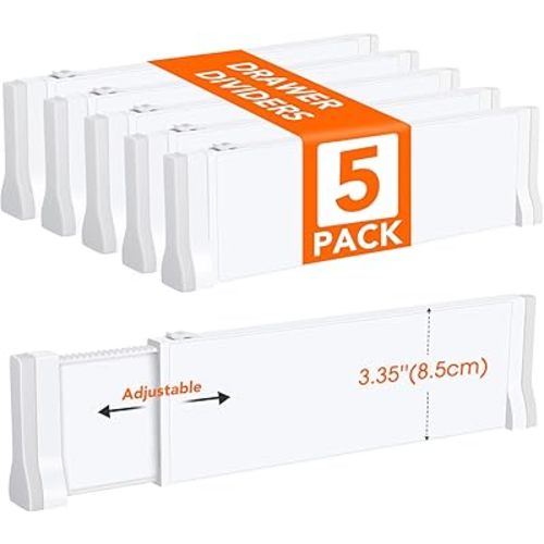 5 Pack Drawer Dividers for Clothes, 11.6''-19.6'' Adjustable Drawer Organizers 3.35'' High Expandable Separators Dresser Organizer for Clothes Kitchen Office Bathroom Drawer Organizers