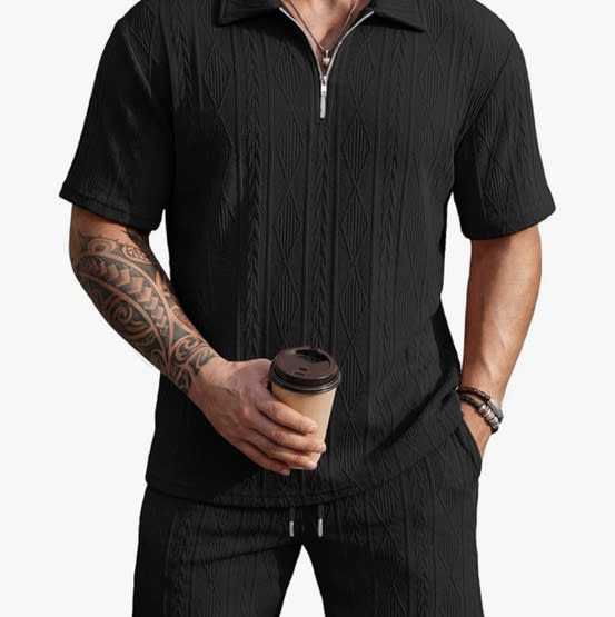 COOFANDY Men's 2 Piece Set Summer Beach Vacation Outfits Quarter Zip Polo Shirt and Shorts Sets
