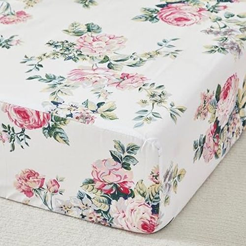 Brandream Luxury Softer Thicker Crib Sheets Set, 100% Cotton Percale Rose Floral Printed Toddler Sheets for Baby Girls, Breathable Comfy Durable, 28"x52" - Cream White Pink Green