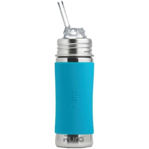 Pura Kiki 11oz/325ml Stainless Steel Straw Bottle w/Sleeve - 100% Plastic-Free, MadeSafe Certified, 100% Medical-Grade Silicone Straw for Kids, Toddlers, Preschoolers, Babies & Infant - New Aqua