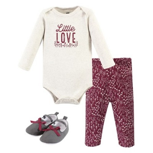 Hudson Baby Infant Girl Cotton Long-Sleeve Bodysuit, Pant and Shoe Set, Little Love Flowers, 3-6 Months