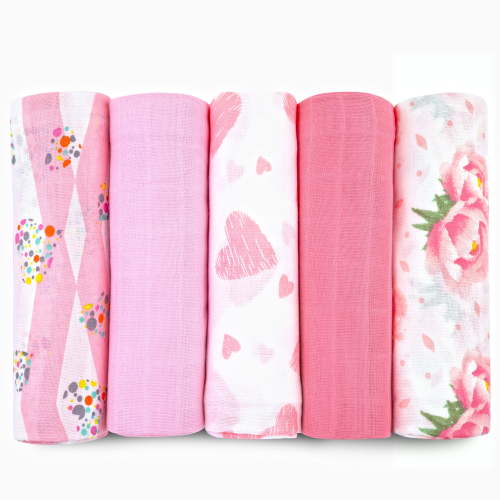 Muslin Swaddle Blankets for Newborn, 5 Pack Receiving Blanket, Muslin Blanket Swaddles Wrap for Girls, Baby Essentials, 47x47 Inches Large Size, 100% Cotton