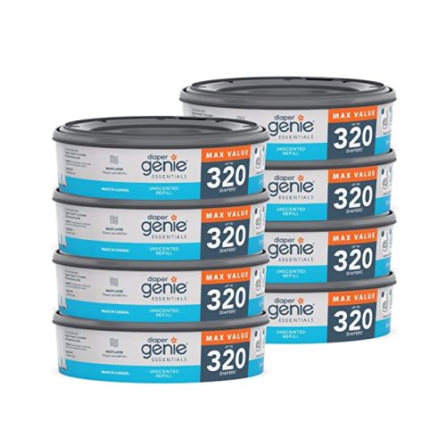 Diaper Genie Essentials, Round Diaper Pail Refill Bags, Pack of 8, 2560 Newborn Diapers, Unscented Film, Diaper Pail Essentials Refill, for Diaper Genie Complete & Expressions Pails - 8 Count (Pack of 1)