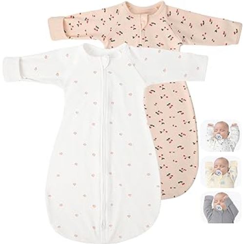 2 Pack Transitional Swaddle Sack with Arms Up Length Sleeves & Mitten Cuffs, Sleeping Sack Bag 2 Ways Zipper, Wearable Swaddling Blanket for Newborns Baby Snug Fit Calms Startle Reflex
