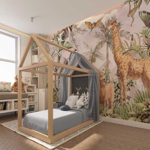 Nursery Jungle Animals, Africa Safari Animals Kids Wallpaper, Tropical Animals Nursery Mural, Giraffe Lion Elephant Zebra Child Room Mural