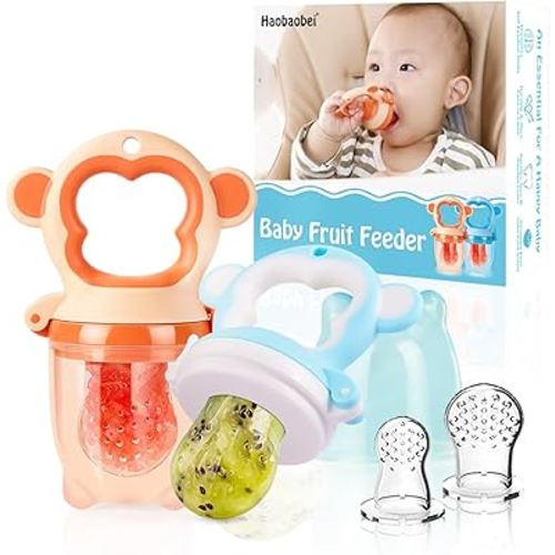 Baby Fresh Fruit Feeder Pacifier, 2 Pack HAOBAOBEI Baby Teether for Chewing, Freezable Infant Teething Toy, Teething Relief, Food Feeder with 4 Silicone Pouch, BPA Free - Monkey (Orange & Blue)