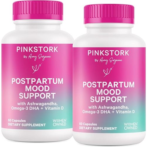 Pink Stork Postpartum Mood Support - Postnatal Hormone Balance for Women - Breastfeeding Friendly - Stress & Cognitive Support, New Mom Essentials - Ashwagandha, Chamomile, & Vitamin D, 120 Capsules