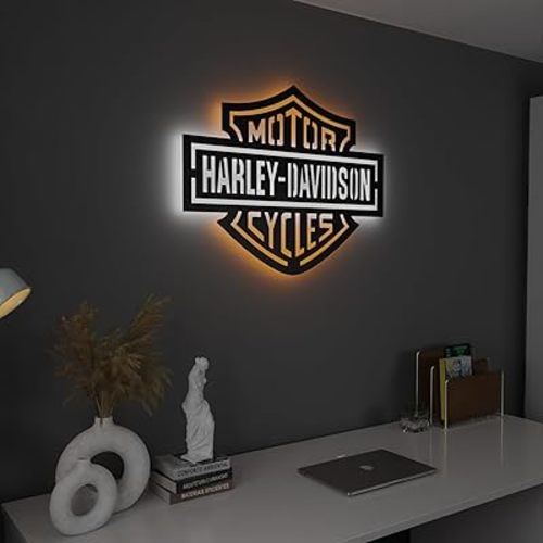 SAFESYZ Harley Davidson Wall Light - Garage Sign Art - Motorcycle Drivers Illuminated Decor - for Harley Lovers, Motorcycle Wall Sign Art, Christmas Gifts (Orange-White)