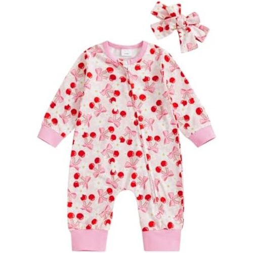 Newborn Baby Girl Jumpsuit Baseball/Cherry Bow Print Zip-up Long Sleeve Romper Headband Spring Clothing