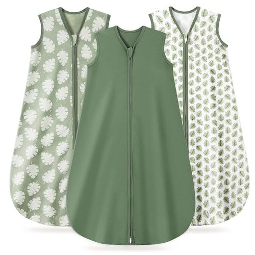 3 Pack Baby Sleep Sack 6-12 Months 100% Organic Cotton, 0.5 TOG Lightweight Wearable Blanket, 2-Way Zipper Sleeping Bag, Leaf＆Green