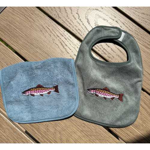 Rainbow Trout Embroidered Baby Bibs, Fishing Theme, Velcro Closure