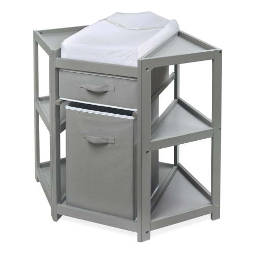 Badger Basket Newborn Diaper Corner Changing Table with Hamper, Basket & Storage Station - Gray