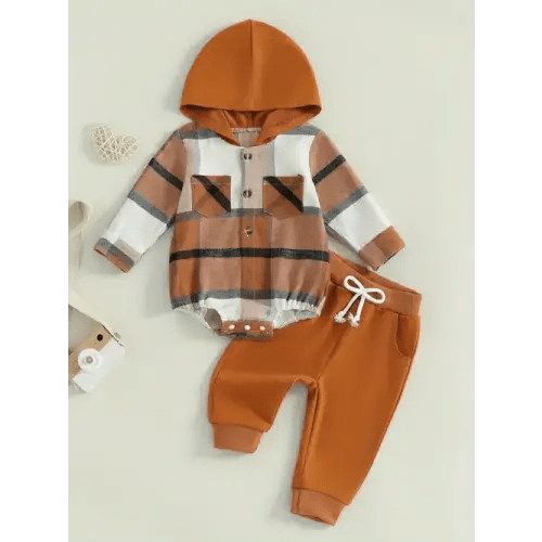 3-24M Toddler Baby Boys Fall 2Pcs Outfits Chest Pocket Button Long Sleeve Hooded Romper Long Trousers Clothes Set
