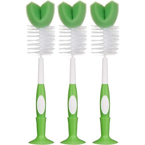 Amazon Brand - Mama Bear Baby Bottle Brush with Nipple Cleaner and Suction Cup Stand, White (Pack of 3)
