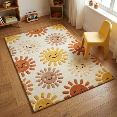 Kids Nursery Sun Pattern Tufted Wool Handmade Rug Soft Playroom Decor Gift