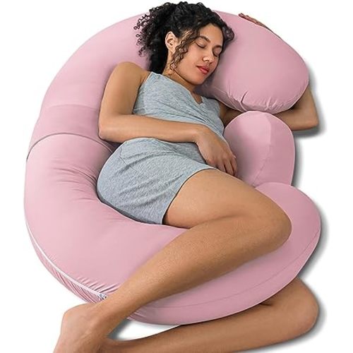 QUEEN ROSE Cooling Pregnancy Pillows, E Shaped Maternity Pillow for Sleeping, with Extra Wedge Pillow for Belly Support, 60 Inch Full Body Pillow, Pink