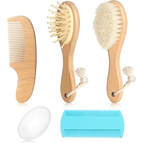Baby Hair Care Kit, 5 in 1 Wooden Natural Goat Bristles Brush Cradle Cap Comb Baby Grooming Kit for Newborns Toddlers Boys Girls Gift