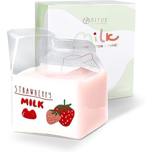 Kawaii Glass Milk Carton Cup Microwavable 12 Oz Cute Milk Cups Mini Creamer Container Strawberry Square Breakfast Mug Glass Creamer Pitcher with Gift Box (Strawberry)1Pcs