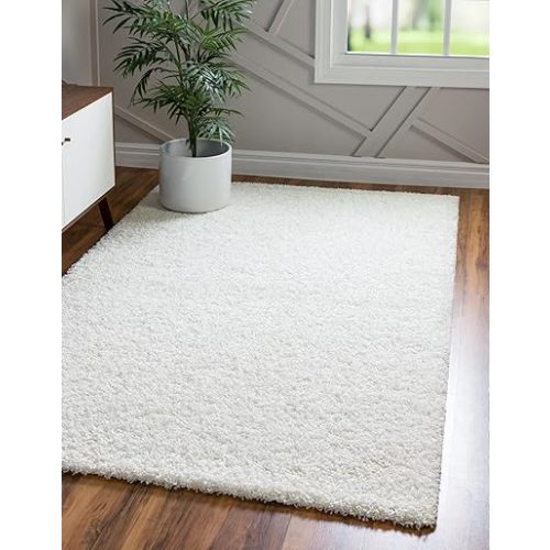 Rugs.com - Über Cozy Solid Shag Collection Rug – 8' x 10' Snow White Shag Rug Perfect for Living Rooms, Large Dining Rooms, Open Floorplans