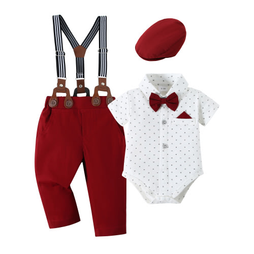 CARETOO Baby Boy Clothes Suit 0-18M 4Pcs Formal Gentleman Dress Shirt Suspender Pants Hat Bowtie Set
