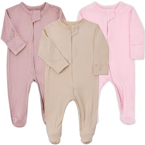 Aablexema Baby Zipper Pajamas Bamboo Rayon, 3pcs Unisex Infant Onesie with Mitten Long Sleeve Footed Pjs
