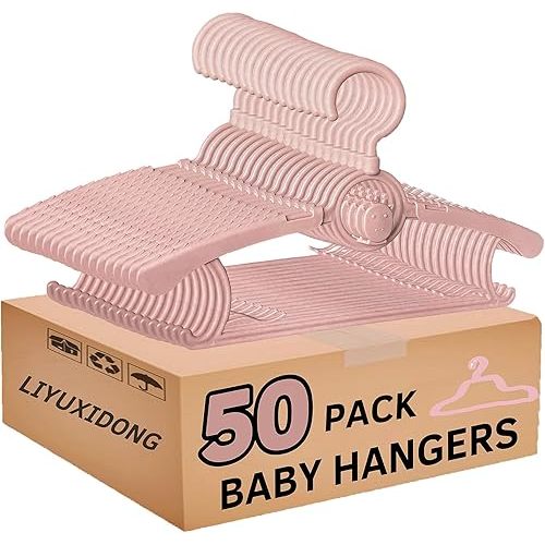 Baby Nursery Closet Hangers, 360° Swivel Hook Kids Hanger, Non-Slip Plastic Infant Hanger, 50pcs Nude Pink 11-14.5" Adjustable Baby Clothes Hangers for Girl Boy Toddler
