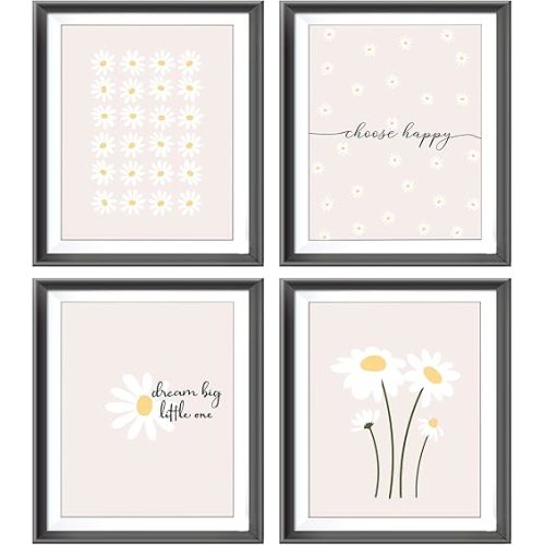 AEHIE Boho Daisy Flower Decor Wall Art Print, Inspirational Wall Decor for Girls Room, Blush Pink Floral Room Decor, 4pcs 8x10inch
