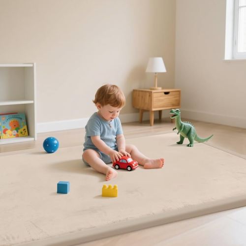 Baby Play Mat for Floor, 1.3" Thick Memory Foam Muscle Playpen Cushion, Soft Coral Velvet Tummy Time Mat with Non-Slip Backing, Water Repellent Child Nursery Rug for Toddlers, Kids (Beige, 50X50)