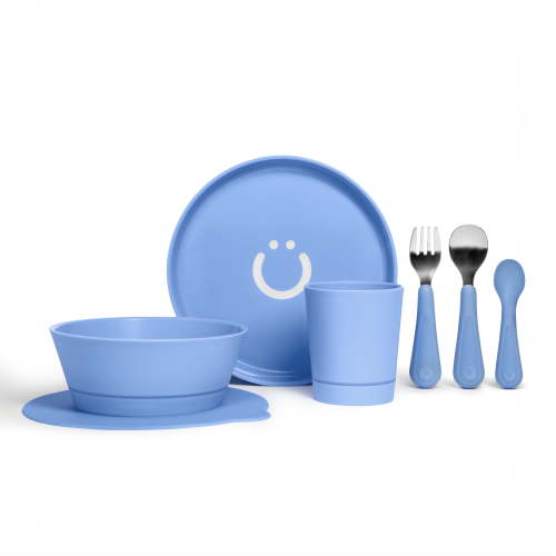 Ubbi 7-Piece Suction Toddler Feeding Set, Includes Plate, Bowl, Cup, Utensils, Interchangeable Suction Cup Base, Polaris Blue