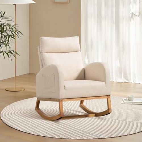 Rocking Chair Nursery, Glider Rocking Chair With Solid Wood Legs, High Backrest Rocking Accent Chair, Modern Leisure Single Sofa With Side Pockets