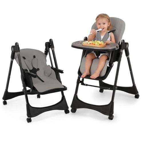 3-in-1 Baby High Chair with Soothing Rocker | Convertible Baby High Chair for Babies and Toddlers | Brake Wheels, Easy Clean, Space Saving | Adjustable, Removable Tray (Dark Grey)