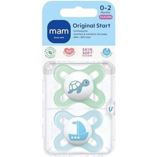 MAM Original Start Newborn Baby Pacifier, Best Pacifier for Breastfed Babies, Sterilizer Case, 2 Pack,0-3 Months, Boy
