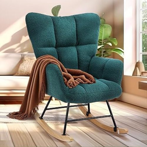 Simple Deluxe Nursery Rocking Chairs, Teddy Upholstered Glider Recliner Rocking Chair with High Backrest Armchair, Comfy Reading Small Accent Side Chair for Nursing, Living Room, Bedroom, Green