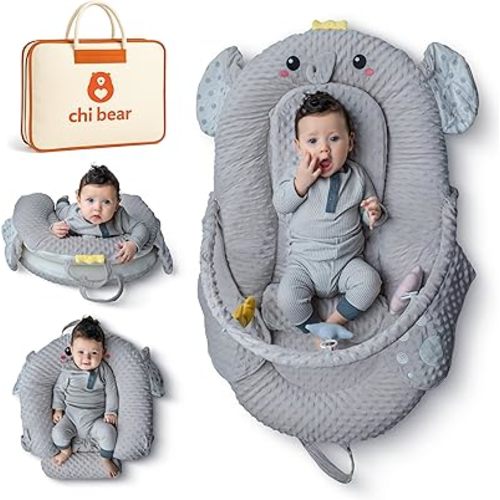 BabyNest -Infant Baby Lounger – Soft Minky Dot Floor Play Mat with Toy Arch & Pillow – Portable Tummy Time & Activity Mat (Grey Elephant)