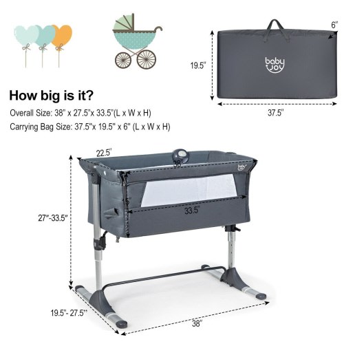 Gymax Portable Baby Bed Side Crib Height Adjustable W/ Music Box & - See Details
