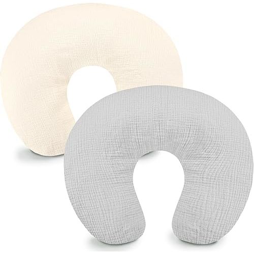 Hooyax Muslin Nursing Pillow Covers 2 Pack, Soft and Breathable Nursing Covers for Breastfeeding Pillows, Adorable Infant Feeding Pillow Slipcover for Baby Boy and Girls (Gray Creamy-White)