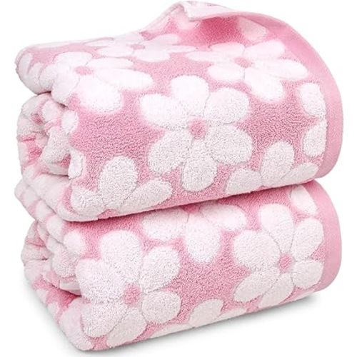Jacquotha Pink Bath Towels Set of 2, Super Absorbent & Decorative 27.5x55 Inches, Cute Floral Jacquard Shower Towel for Bathroom Decor, Beach, Cotton
